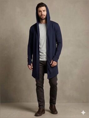 Tinted Men's XL Navy Hooded Longline Duster Cardigan Open Front